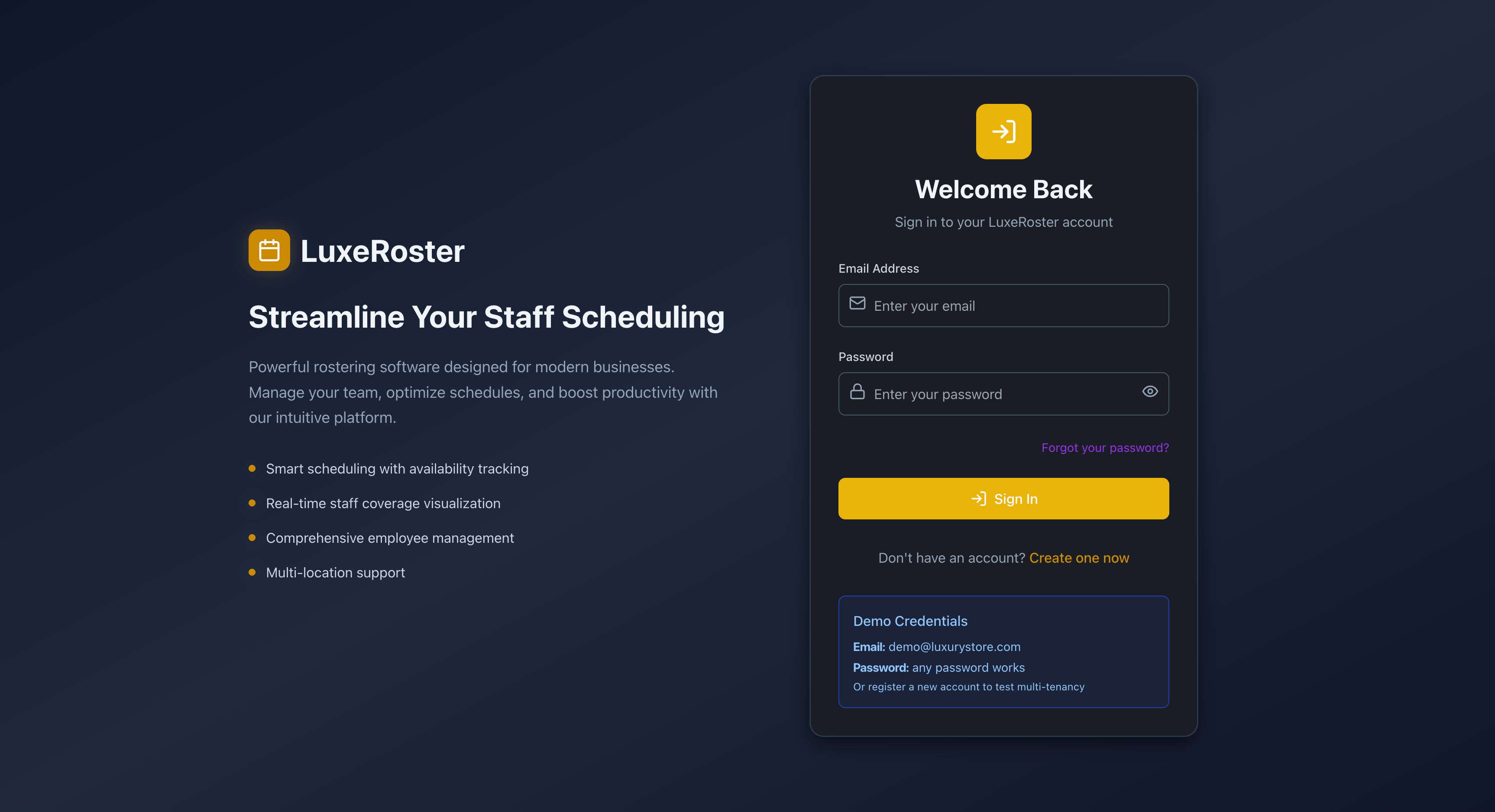 LuxeRoster login screen